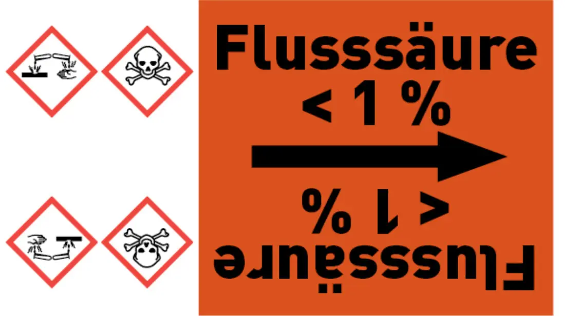 Kennzeichnungsband Flusssäure < 1 % orange/schwarz bis Ø 50 mm 33 m/Rolle Kennzeichnungsband Flusssäure < 1 % orange/schwarz bis Ø 50 mm 33 m/Rolle