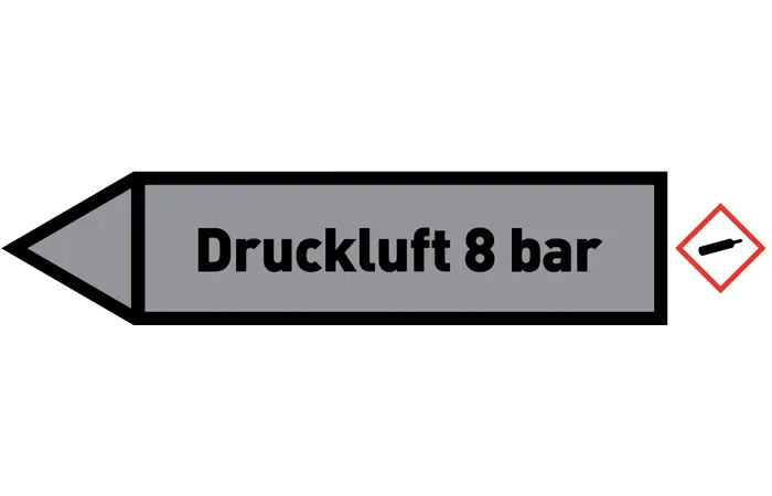 Pfeil links Druckluft 8 bar grau/schwarz 125x25 mm Pfeil links Druckluft 8 bar grau/schwarz 125x25 mm