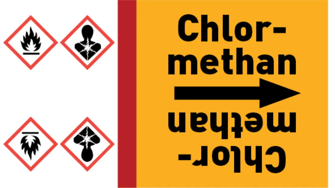 Kennzeichnungsband Chlormethan gelb/schwarz bis Ø 50 mm 33 m/Rolle Kennzeichnungsband Chlormethan gelb/schwarz bis Ø 50 mm 33 m/Rolle