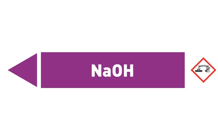 Pfeil links NaOH violett/weiß 125x25 mm Pfeil links NaOH violett/weiß 125x25 mm