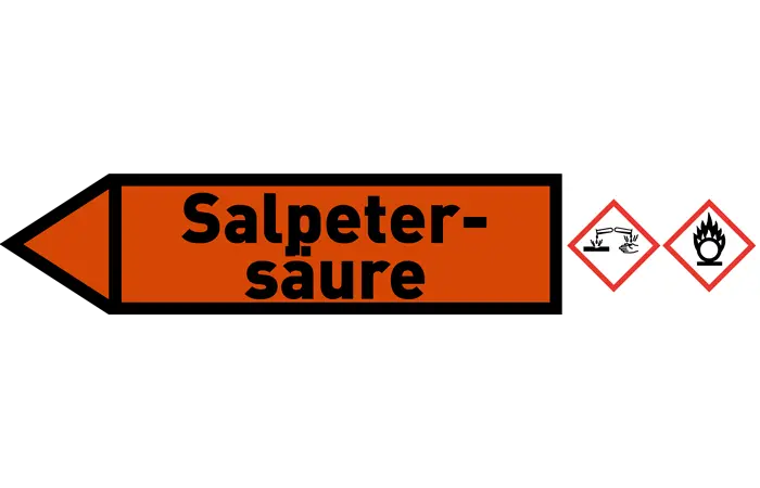 Pfeil links Salpetersäure orange/schwarz 215x40 mm Pfeil links Salpetersäure orange/schwarz 215x40 mm