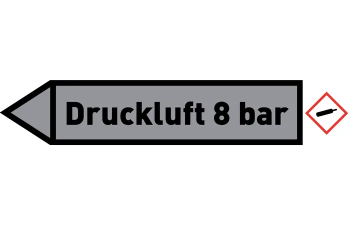 Pfeil links Druckluft 8 bar grau/schwarz 215x40 mm Pfeil links Druckluft 8 bar grau/schwarz 215x40 mm