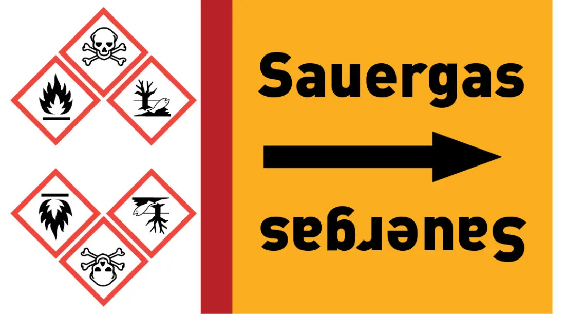 Kennzeichnungsband Sauergas gelb/schwarz ab Ø 50 mm 33 m/Rolle Kennzeichnungsband Sauergas gelb/schwarz ab Ø 50 mm 33 m/Rolle