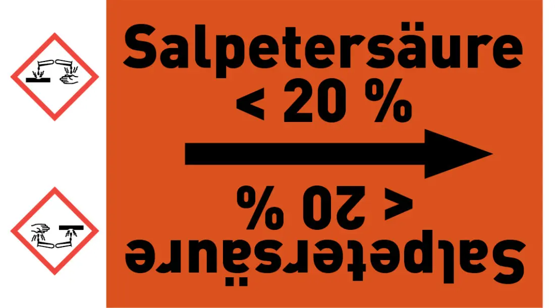 Kennzeichnungsband Salpetersäure < 20 % orange/schwarz ab Ø 50 mm 33 m/Rolle Kennzeichnungsband Salpetersäure < 20 % orange/schwarz ab Ø 50 mm 33 m/Rolle