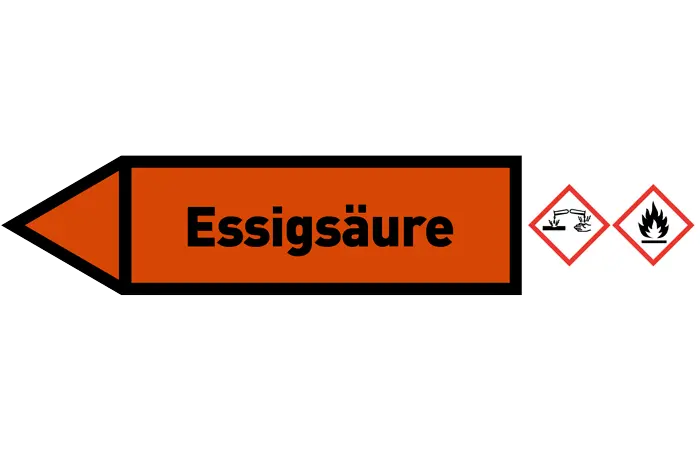 Pfeil links Essigsäure orange/schwarz 125x25 mm Pfeil links Essigsäure orange/schwarz 125x25 mm