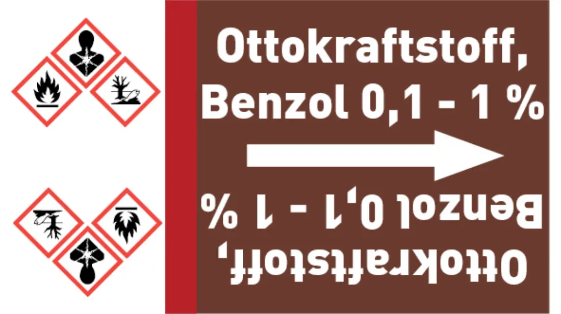 Kennzeichnungsband Ottokraftstoff, Benzol 0,1 - 1 % braun/weiß bis Ø 50 mm 33 m/Rolle Kennzeichnungsband Ottokraftstoff, Benzol 0,1 - 1 % braun/weiß bis Ø 50 mm 33 m/Rolle