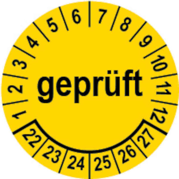 Prüfplakette Ø 20 mm "geprüft" gelb/schwarz; 1 VPE (200 Stück)