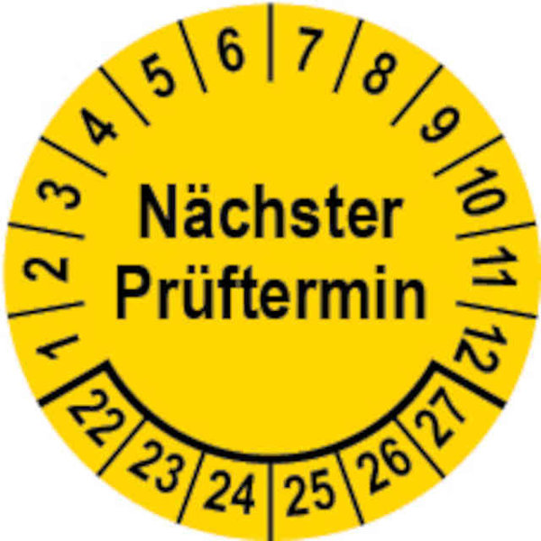 Prüfplakette Ø 25 mm "Nächster Prüftermin" gelb/schwarz; 1 VPE (200 Stück)