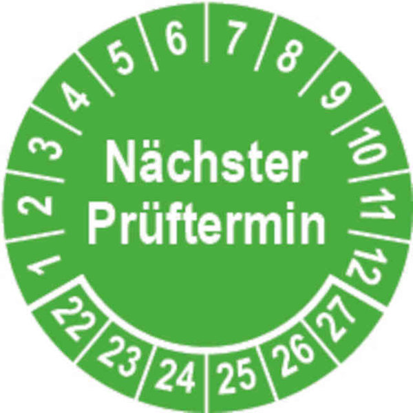 Prüfplakette Ø 25 mm "Nächster Prüftermin" grün/weiß; 1 VPE (200 Stück)