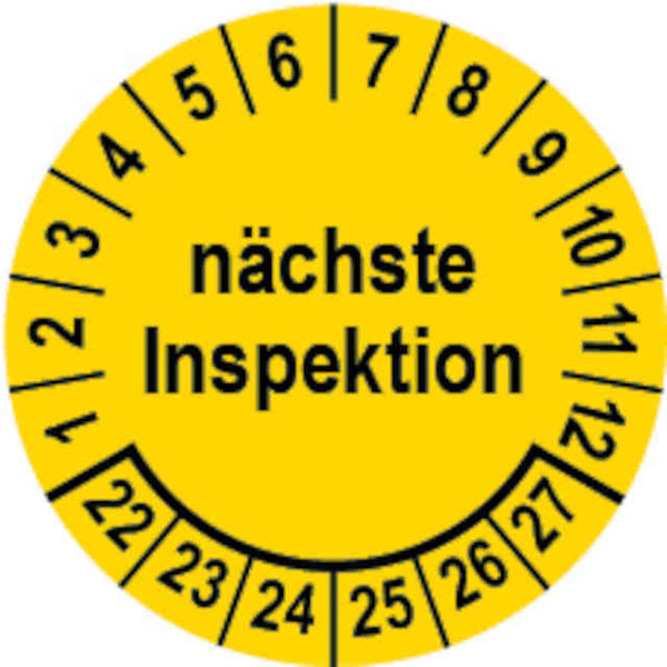 Prüfplakette Ø 25 mm "nächste Inspektion" gelb/schwarz; 1 VPE (200 Stück)