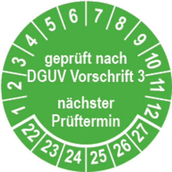Prüfplakette Ø 20 mm "geprüft nach DGUV Vorschrift 3" grün/weiß; 1 VPE (200 Stück)