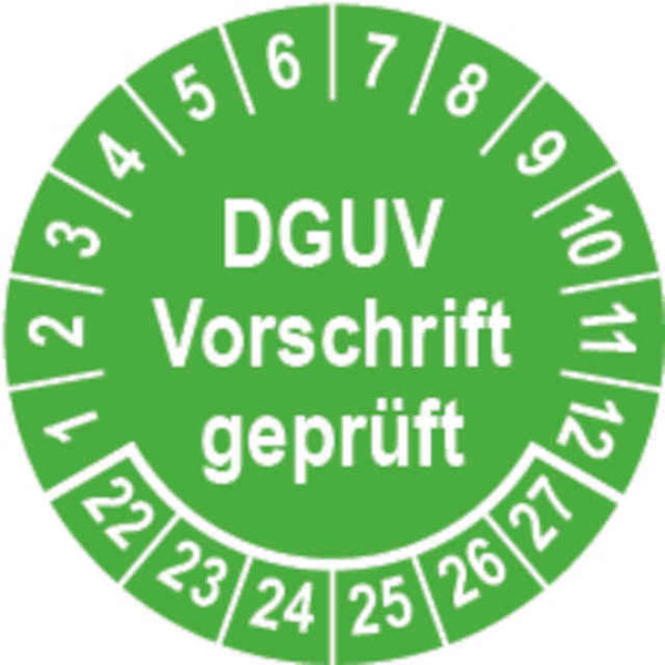 Prüfplakette Ø 30 mm "DGUV Vorschrift geprüft" grün/weiß; 1 VPE (200 Stück)