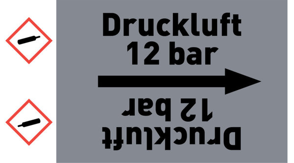 Kennzeichnungsband Druckluft 12 bar grau/schwarz ab Ø 50 mm 33 m/Rolle
