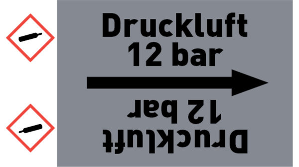 Kennzeichnungsband Druckluft 12 bar grau/schwarz bis Ø 50 mm 33 m/Rolle