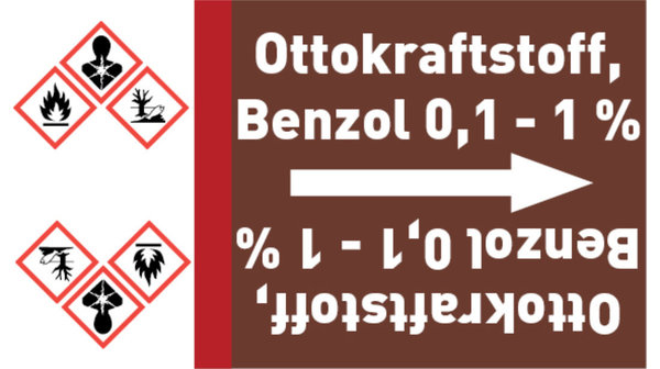 Kennzeichnungsband Ottokraftstoff, Benzol 0,1 - 1 % braun/weiß bis Ø 50 mm 33 m/Rolle