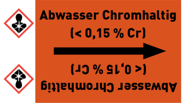 Kennzeichnungsband Abwasser Chromhaltig (< 0,15 % Cr) orange/schwarz bis Ø 50 mm 33 m/Rolle